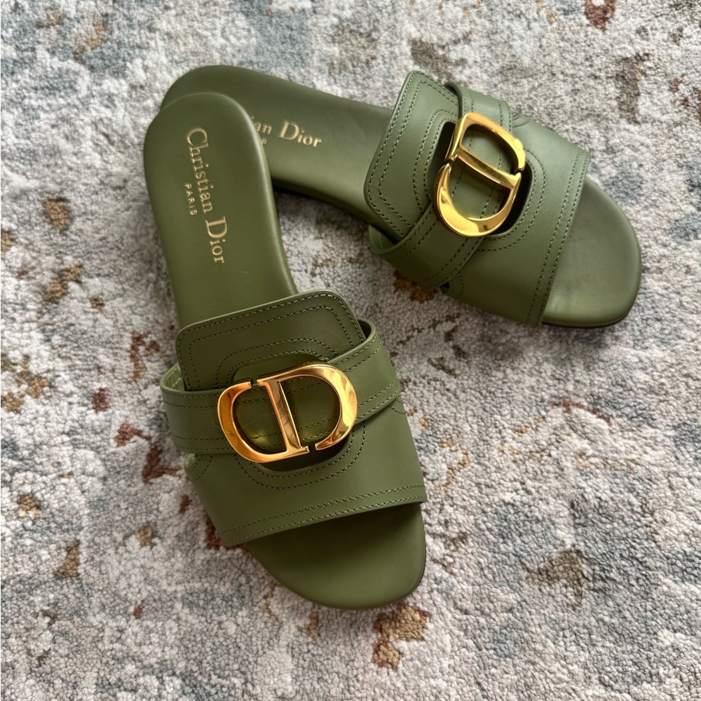 Dior - Montaigne Olive Green Slide Sandals with Gold Buckle